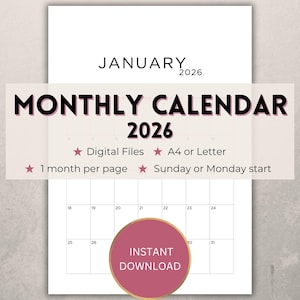 以下が含まれることがあります： 2026年1月の白い月間カレンダー。タイトルは「MONTHLY CALENDAR 2026」です。デジタルファイル、A4またはレターサイズ、日曜または月曜始まりの選択肢が含まれています。ピンク色の円には「INSTANT DOWNLOAD」と書かれています。