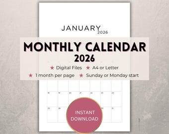 2026 monthly calendar printable, 12 month yearly portrait organiser, family wall planner, Sunday/Monday, A4/Letter PDF digital template