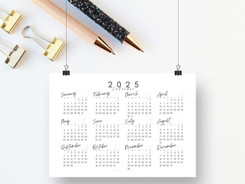 2025 Yearly Calendar Printable, Instant Download Wall Year at a Glance
