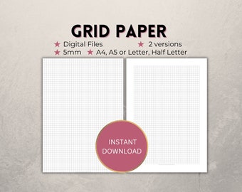 digital grid paper, printable graph planner inserts, downloadable PDF for journal notebook, +/- margins, 5mm, A4/A5/Letter/Half Letter, grey