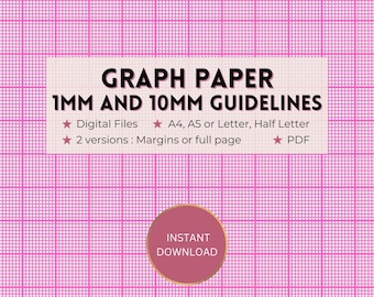 Printable pink graph paper, 1mm + 10mm/1cm guideline grid template, full page and margins, Digital PDF instant download, A4/A5/Letter/Half