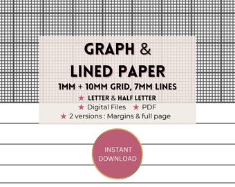 Letter and Half Letter Dual Digital Graph and Lined Paper : 1mm + 10mm grid, 7mm writing lines in Dark Grey Colour.