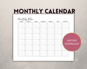 Monthly planner Printable landscape, undated month organiser, Sunday Monday start, checkbox to do list, instant download schedule