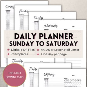 Modelo de plano de 7 dias para impressão, visão geral diária de domingo a sábado, cronograma detalhado, download, bloqueio de tempo em PDF, A4/A5/Carta/Meio