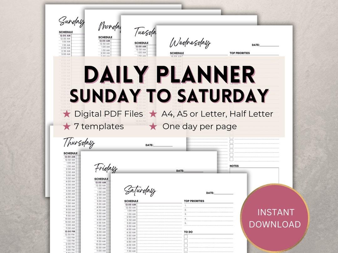 Printable Daily Planner Template, 24 Hour Schedule 30min Increments ...