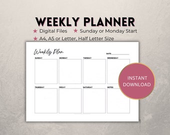 weekly planner printable, landscape week at a glance schedule, blank box organiser notes, agenda for journal A4/A5/Letter/Half, PDF