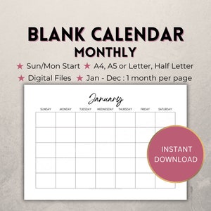 Calendario mensual en blanco imprimible, descarga instantánea horizontal, PDF digital de 12 meses, 1 mes por página, inicio domingo/lunes, tamaño A4/A5/Carta/Media página.