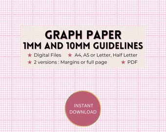 Printable graph paper, 1mm and 10mm/1cm pink guideline grid template, full page and margins, Digital PDF instant download, A4/A5/Letter/Half