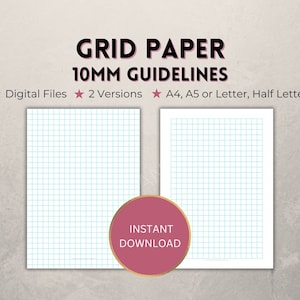 Papel cuadriculado imprimible, pautas de 10 mm de color azul claro, papel cuadriculado de descarga instantánea para revistas, física, ciencias, matemáticas y gráficos, tamaño A4, A5, carta o media página.