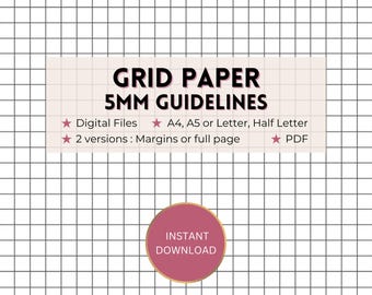 5mm grid paper printable, digital graph 0.5cm template planner inserts, 2 versions, math/physics/science/crochet/knitting guidelines, PDF