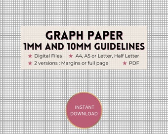 Printable graph paper, 1mm and 10mm/1cm guideline grid template, full page and margins, Digital PDF instant download, A4/A5/Letter/Half