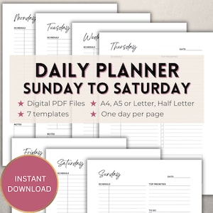 Planificador diario imprimible, 7 días a la semana, de domingo a sábado, horario en blanco, insertos de diario, descarga de plantilla minimalista, A4/A5/carta/media página, PDF vertical