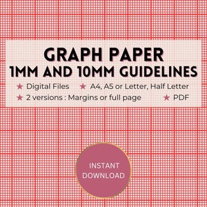 May include: Red and white graph paper with 1 mm and 10 mm guidelines. Digital files in A4, A5, Letter, and Half Letter sizes. Two versions: margins or full page. PDF format. Instant download.