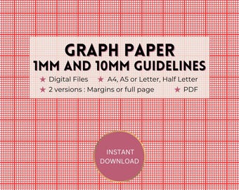 Printable graph paper, 1mm and 10mm/1cm red guideline grid template, full page/margins, Digital PDF instant download, A4/A5/Letter/Half