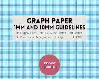 Printable graph paper, 1mm and 10mm/1cm, sky blue guidelines grid template, full page +/- margins, Digital PDF download, A4/A5/Letter/Half