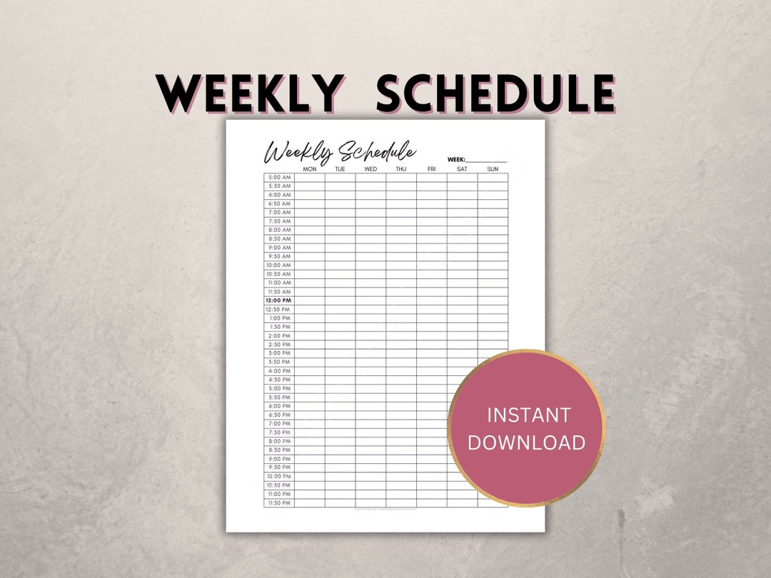 Printable Weekly Schedule 30min Interval, Digital Week at a Glance ...