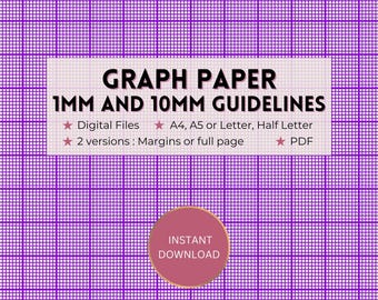 Printable graph paper, 1mm and 10mm/1cm purple guideline grid template, full page/margins, Digital PDF instant download, A4/A5/Letter/Half