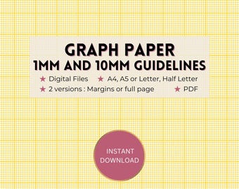 Printable yellow graph paper, 1mm + 10mm/1cm guideline grid template, full page and margins, Digital PDF instant download, A4/A5/Letter/Half