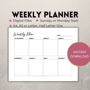 planificador semanal imprimible, calendario semanal horizontal de un vistazo, organizador de inicio domingo/lunes, agenda para diario, A4/A5/Carta/Medio, PDF