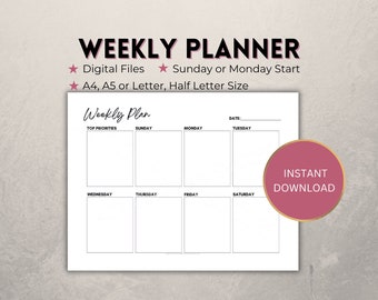 weekly planner printable, landscape week at a glance schedule, Sunday/Monday Start organiser, agenda for journal, A4/A5/Letter/Half, PDF