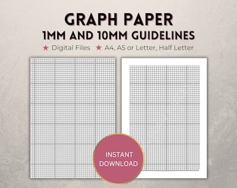 Printable graph paper, 1mm and 10mm/1cm guideline grid template, full page and margins, Digital PDF instant download, A4/A5/Letter/Half,