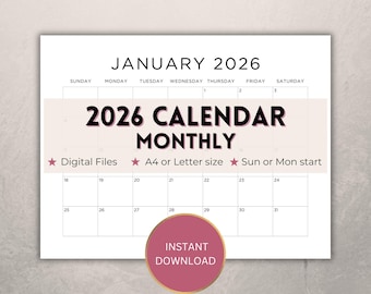 2026 printable calendar, 12 monthly wall organiser download, landscape one month per page yearly wall planner, A4/Letter size minimalist PDF
