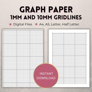 Puede incluir: Papel milimetrado con cuadrículas de 1mm y 10mm. El texto dice: GRAPH PAPER, 1MM AND 10MM GRIDLINES, Digital Files, A4, A5, Letter, Half Letter, INSTANT DOWNLOAD. Se muestran dos hojas blancas con patrones de cuadrícula negros lado a lado.