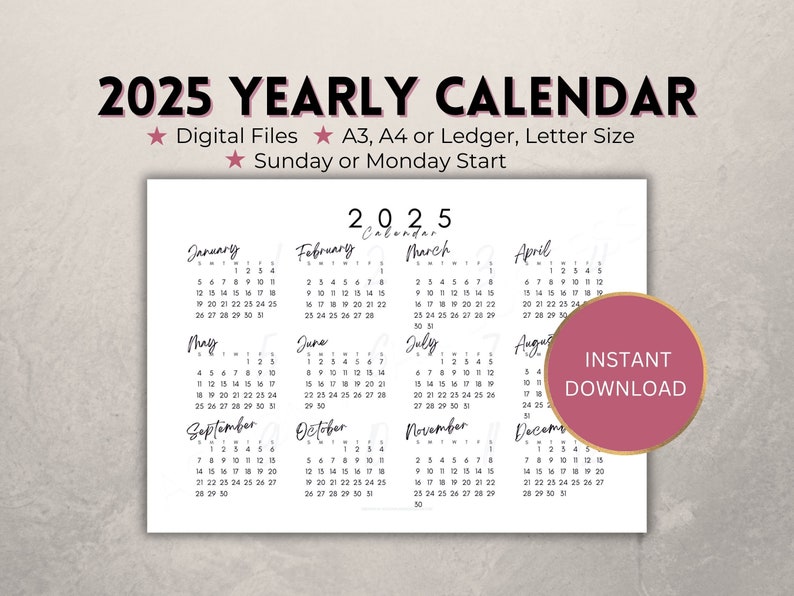 2025 Yearly Calendar Printable, Instant Download Wall Year at a Glance Planner, Black and White