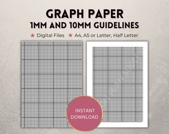 Printable graph paper, 1mm and 10mm/1cm grey guideline grid template, full page/margins, Digital PDF instant download, A4/A5/Letter/Half,
