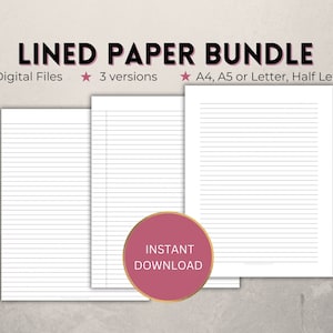 Puede incluir: Un paquete digital de papel rayado. La imagen muestra tres versiones de papel rayado, incluyendo tamaños A4, A5, Carta y Media Carta. El texto en la imagen dice "LINED PAPER BUNDLE", "Digital Files", "3 versions" y "INSTANT DOWNLOAD".
