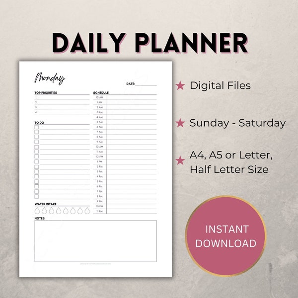 printable daily planner template, Monday to Sunday one day per page, hourly agenda schedule, diary organiser inserts PDF, A4/A5/Letter/Half