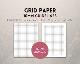 Printable Grid Paper, dark grey 10mm guidelines, instant download graph template : journal/physics/science/maths/graphics, A4/A5/Letter/Half