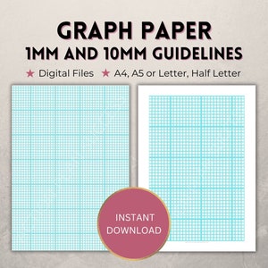 Puede incluir: Papel cuadriculado imprimible digital con pautas de 1 mm y 10 mm. El papel está disponible en tamaños A4, A5, Carta y Media Carta. El papel es azul claro con líneas de cuadrícula blancas.