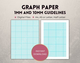 Printable graph paper, 1mm and 10mm/1cm, blue guidelines grid template, full page +/- margins, Digital PDF download, A4/A5/Letter/Half