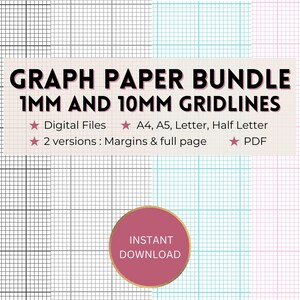 Puede incluir: Un paquete de papel cuadriculado digital con líneas de cuadrícula de 1 mm y 10 mm en negro, azul claro y rosa. El texto dice: GRAPH PAPER BUNDLE 1MM AND 10MM GRIDLINES, Digital Files, A4, A5, Letter, Half Letter, 2 versions: Margins & full page, PDF, INSTANT DOWNLOAD.