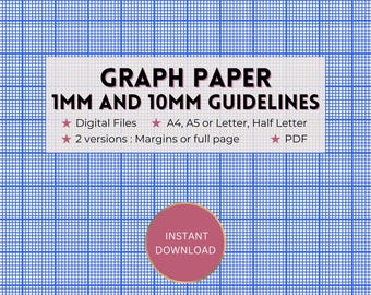 Printable graph paper, 1mm + 10mm/1cm royal blue guideline grid template, full page/margins, Digital PDF instant download, A4/A5/Letter/Half