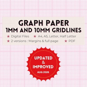 Printable graph paper, 1mm and 10mm/1cm pink guideline grid template, full page and margins, Digital PDF instant download, A4/A5/Letter/Half