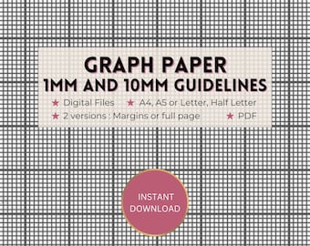 Printable graph paper, 1mm and 10mm/1cm guideline grid template, full page and margins, Digital PDF instant download, A4/A5/Letter/Half,