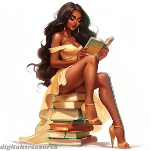 24 JPG Book Lover Clipart - Cozy Watercolor Scenes with Black Woman, Books & Lady Boss Themes