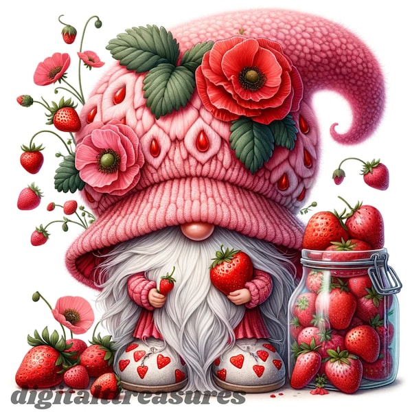 Strawberry Delight: ChatGPT and DALL-E 3 Prompts for Whimsical Strawberry Gnome - Free Guide & 15 Images | Spring and Garden Gnome Clipart