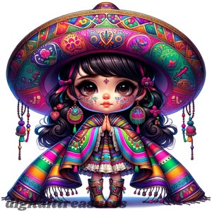 Chibi Mexican Girl Clipart: Latina Princess PNG Bundle (Free DALL-E Guide and Images)