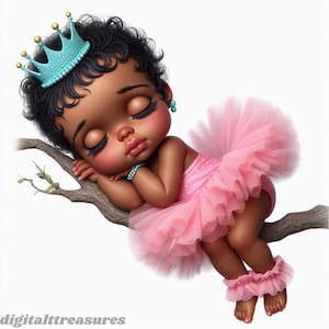 Black Baby Girl Princess in Pink Tutu Clipart Bundle - Afro Hair, Gender Reveal, and Baby Shower  | 12 JPG Images with White Background
