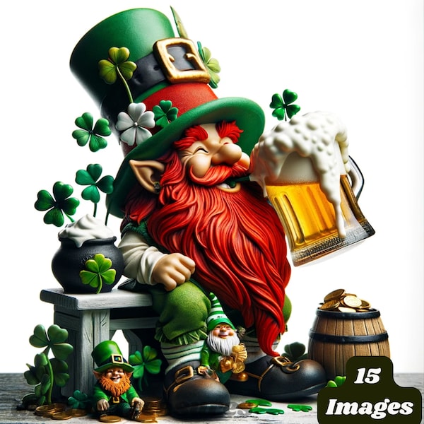 Watercolor St. Patrick's Day Gnomes Clipart Bundle: Featuring Cute Gnomes with Irish Beer, Perfect for Digital Download and Junk Journals