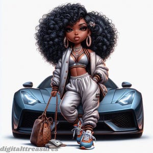 12 imágenes prediseñadas de chica negra jefa: ilustraciones de dinero y autos de lujo / Paquete PNG de chica estafadora / Fondo blanco