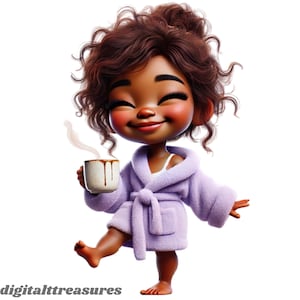 20. Chica en una cómoda bata de baño con café por la mañana: ilustración de una chica caprichosa
