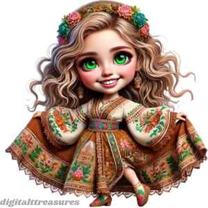 Mexican Huipil Girl Clipart: Latina Princess Chibi in Traditional Dress (JPGs)