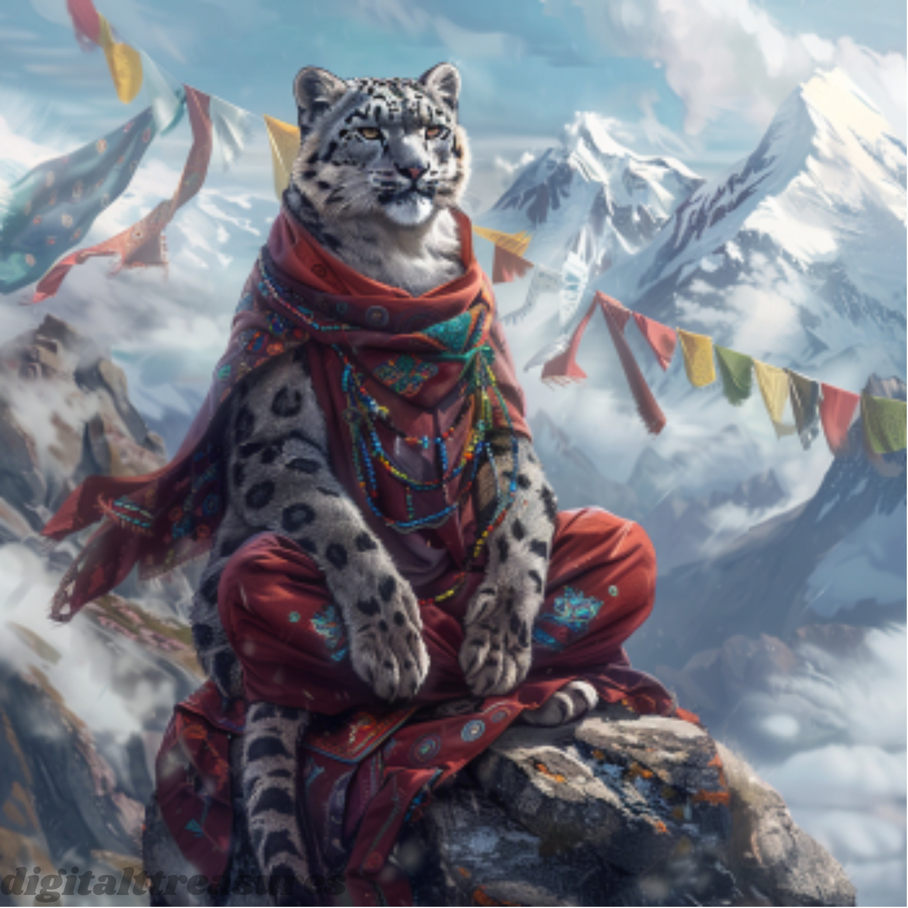 ユキヒョウの水彩画クリップアート：チベットの僧侶のローブ（デジタル