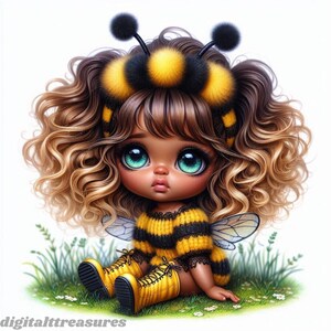 Watercolor Afro-American Bee Girl Clipart Bundle (JPG)
