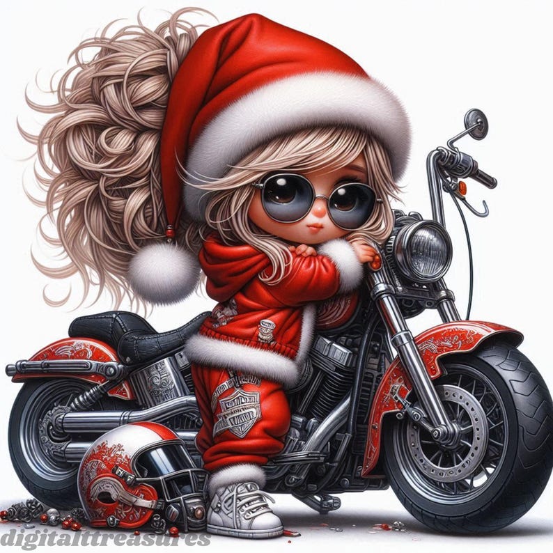 12 JPG Christmas Chibi Girl on Motorcycle Chibi Biker Girl Clipart