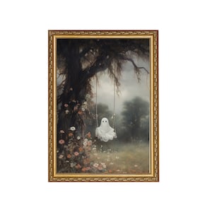 Cute Ghost On A Swing, Vintage Digital Ghost Painting, Dark Academia, Printable Wall Art, Digital Download
